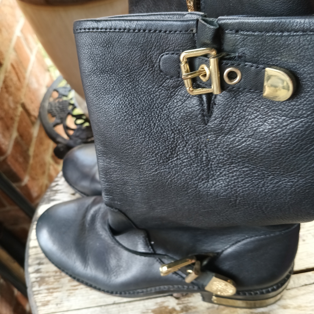 Vince Camuto Black Ankle Boots with Gold Buckles